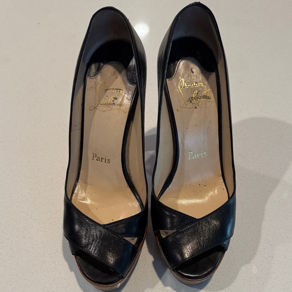 Christian Louboutin Black Leather Peep Toe Heels